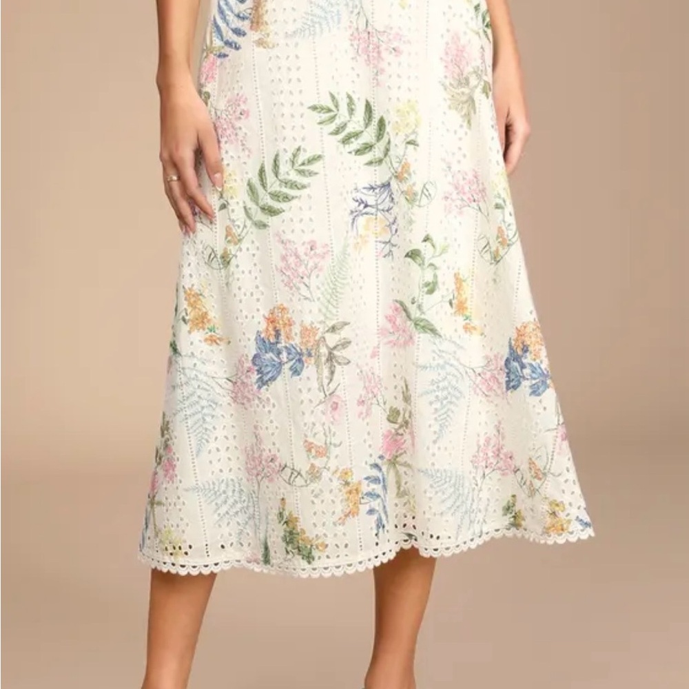 Lulu's White Eyelet Maxi Skirt & Top set, Pink & Multicolor Floral Print, M - Picture 4 of 11